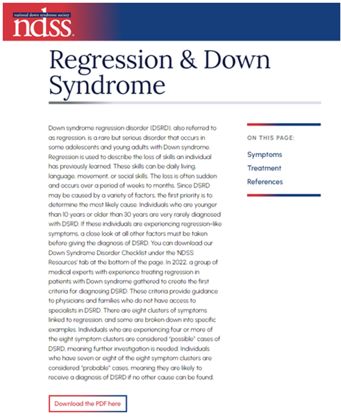 NDSS Regression and Down syndrome page on website